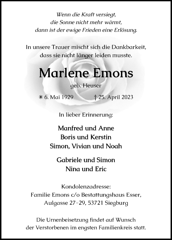 Anzeige von Marlene Emons von Kölner Stadt-Anzeiger / Kölnische Rundschau / Express