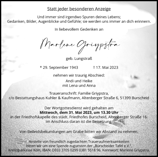 Anzeige von Marlene Griypstra von Kölner Stadt-Anzeiger / Kölnische Rundschau / Express