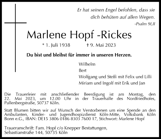 Anzeige von Marlene Hopf-Rickes von Kölner Stadt-Anzeiger / Kölnische Rundschau / Express