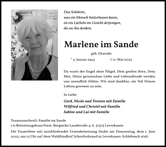 Anzeige von Marlene im Sande von Kölner Stadt-Anzeiger / Kölnische Rundschau / Express