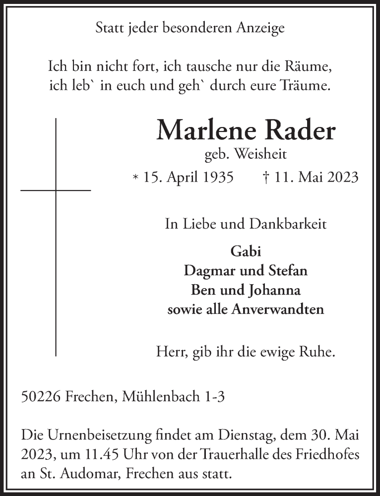  Traueranzeige für Marlene Rader vom 19.05.2023 aus  Wochenende 