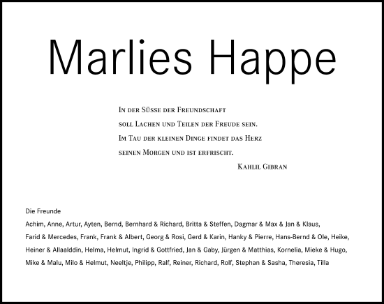 Anzeige von Marlies Happe von Kölner Stadt-Anzeiger / Kölnische Rundschau / Express
