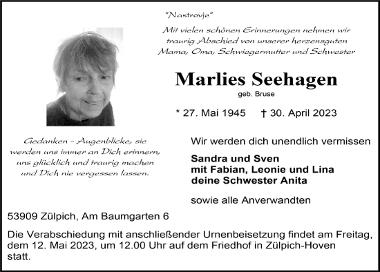Anzeige von Marlies Seehagen von  Blickpunkt Euskirchen 