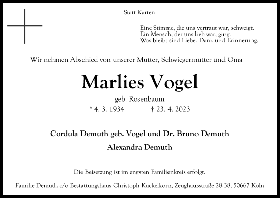 Anzeige von Marlies Vogel von Kölner Stadt-Anzeiger / Kölnische Rundschau / Express