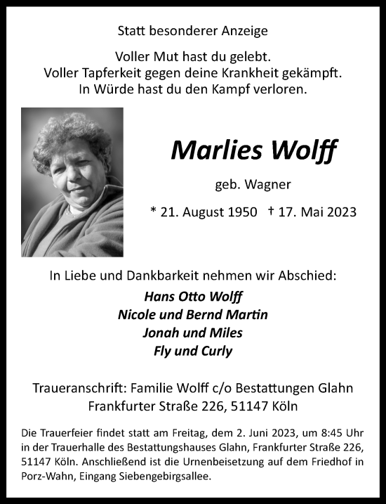 Anzeige von Marlies Wolff von  EXPRESS - Die Woche 