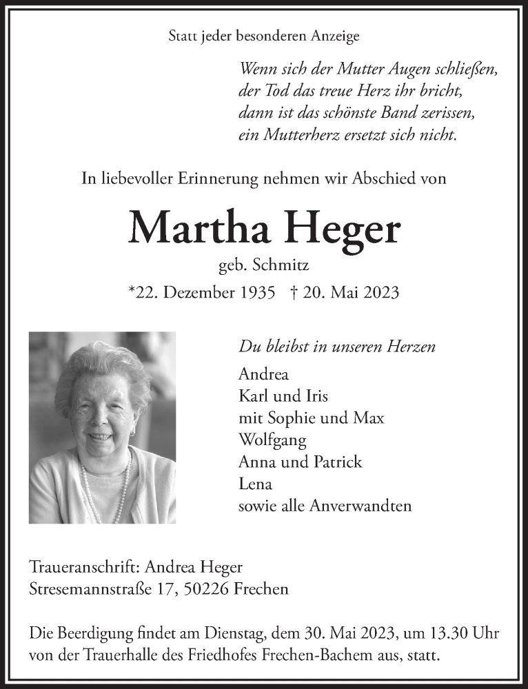  Traueranzeige für Martha Heger vom 26.05.2023 aus  Wochenende 
