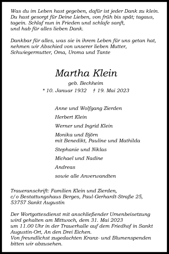 Anzeige von Martha Klein von Kölner Stadt-Anzeiger / Kölnische Rundschau / Express