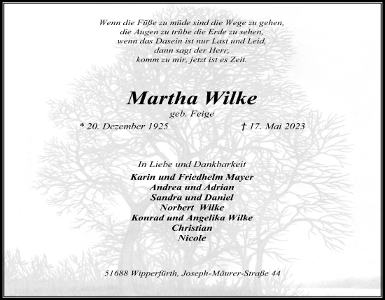 Anzeige von Martha Wilke von Kölner Stadt-Anzeiger / Kölnische Rundschau / Express