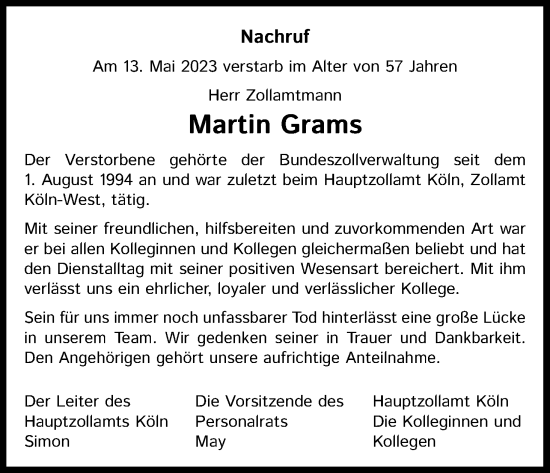 Anzeige von Martin Grams von Kölner Stadt-Anzeiger / Kölnische Rundschau / Express