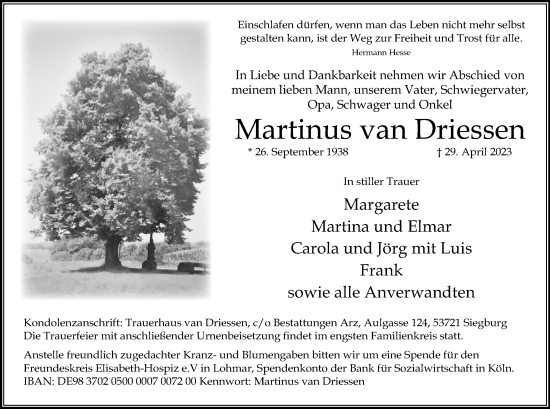Anzeige von Martinus van Driessen von Kölner Stadt-Anzeiger / Kölnische Rundschau / Express
