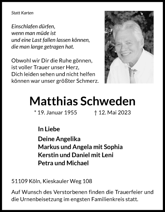 Anzeige von Matthias Schweden von Kölner Stadt-Anzeiger / Kölnische Rundschau / Express