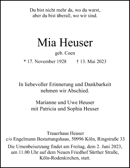 Anzeige von Mia Heuser von Kölner Stadt-Anzeiger / Kölnische Rundschau / Express