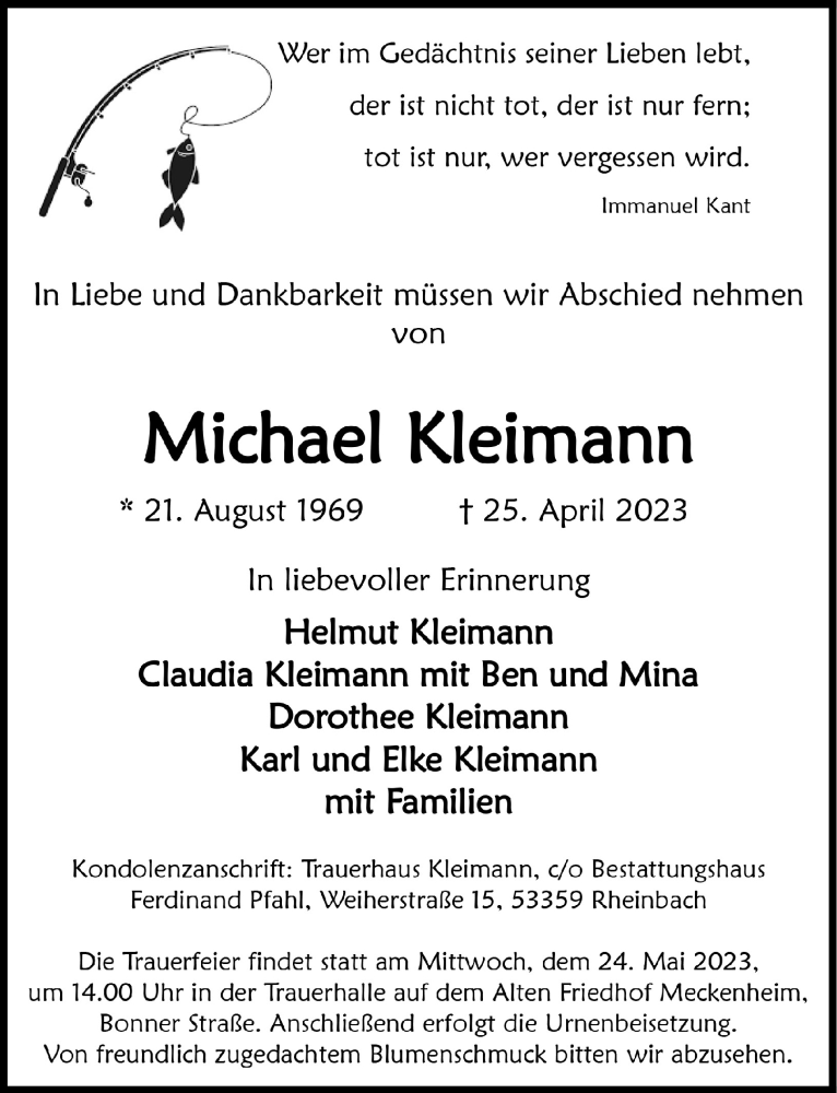  Traueranzeige für Michael Kleimann vom 19.05.2023 aus  Schaufenster/Blickpunkt 