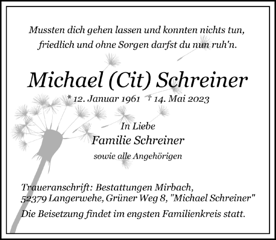 Anzeige von Michael Schreiner von  Bergisches Handelsblatt 