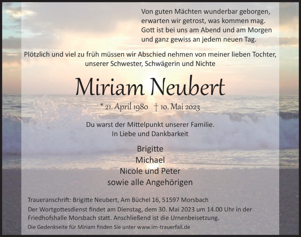  Traueranzeige für Miriam Neubert vom 19.05.2023 aus  Lokalanzeiger 