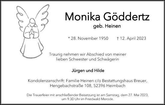 Anzeige von Monika Göddertz von Kölner Stadt-Anzeiger / Kölnische Rundschau / Express