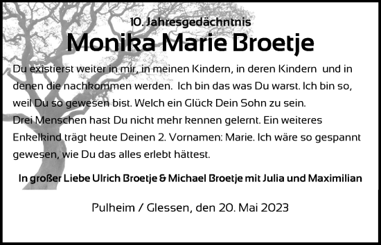 Anzeige von Monika Marie Broetje von Kölner Stadt-Anzeiger / Kölnische Rundschau / Express
