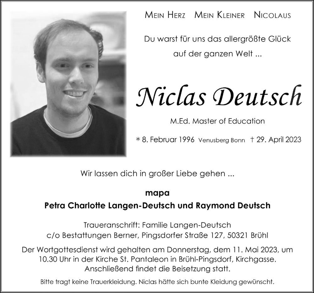  Traueranzeige für Niclas Deutsch vom 05.05.2023 aus  Schlossbote/Werbekurier 