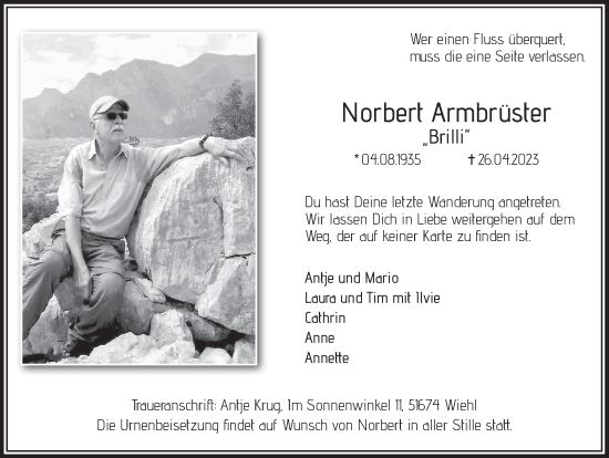 Anzeige von Norbert Armbrüster von  Anzeigen Echo 