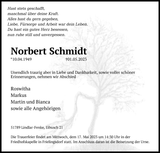 Anzeige von Norbert Schmidt von Kölner Stadt-Anzeiger / Kölnische Rundschau / Express
