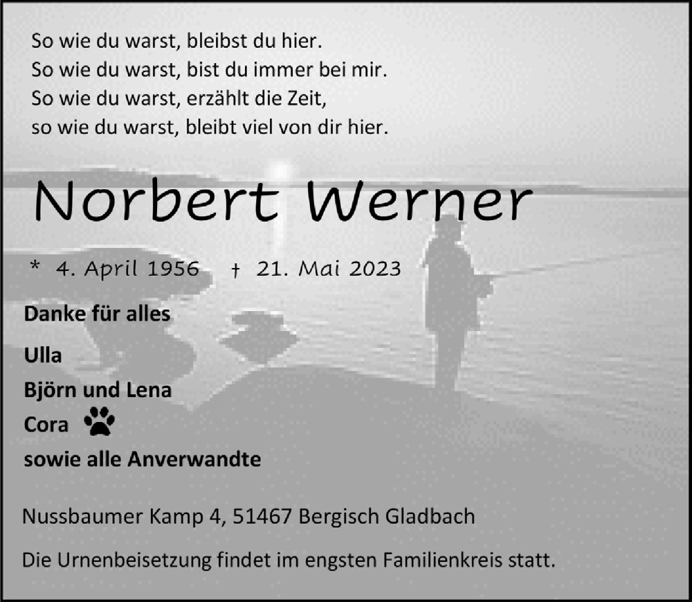  Traueranzeige für Norbert Werner vom 26.05.2023 aus  Bergisches Handelsblatt 