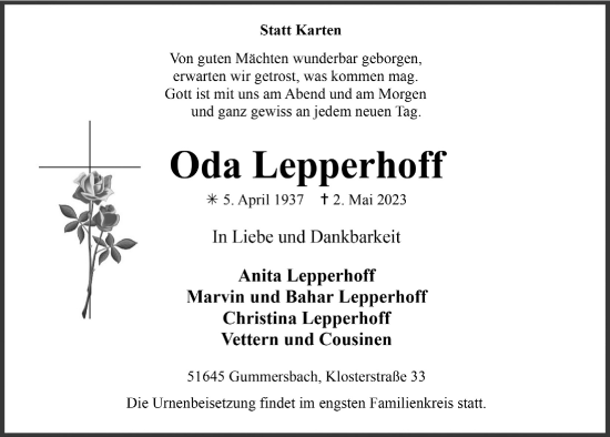 Anzeige von Oda Lepperhoff von  Anzeigen Echo 