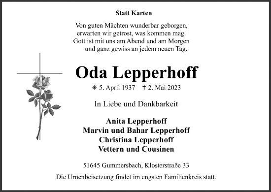 Anzeige von Oda Lepperhoff von Kölner Stadt-Anzeiger / Kölnische Rundschau / Express