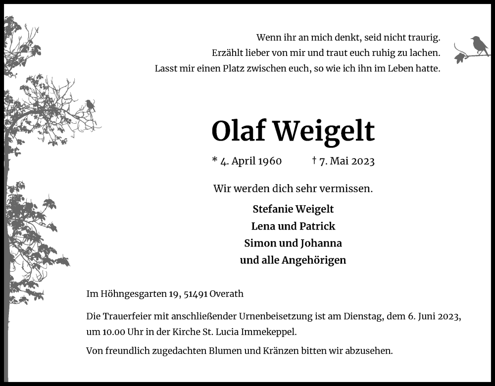  Traueranzeige für Olaf Weigelt vom 27.05.2023 aus Kölner Stadt-Anzeiger / Kölnische Rundschau / Express