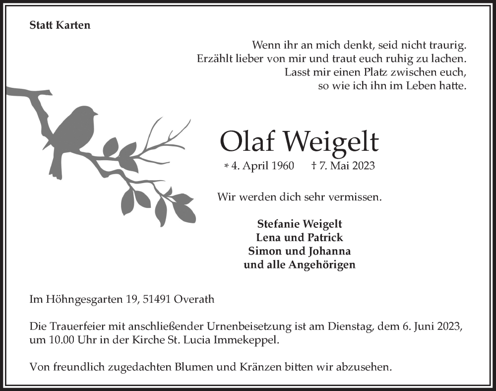  Traueranzeige für Olaf Weigelt vom 26.05.2023 aus  Bergisches Handelsblatt 