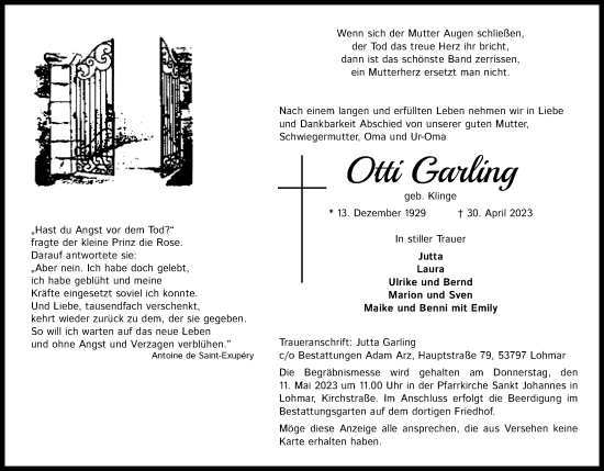 Anzeige von Otti Garling von Kölner Stadt-Anzeiger / Kölnische Rundschau / Express