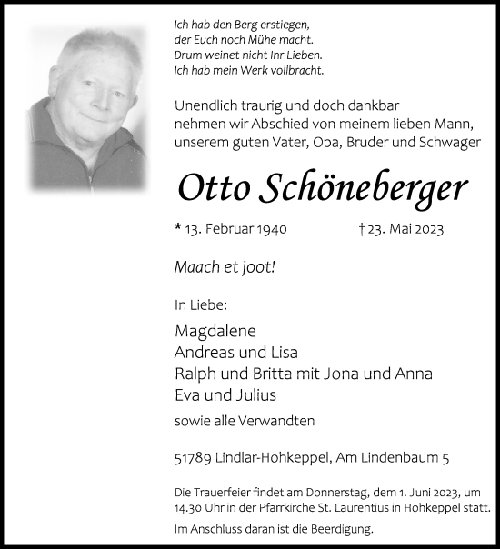 Anzeige von Otto Schöneberger von Kölner Stadt-Anzeiger / Kölnische Rundschau / Express