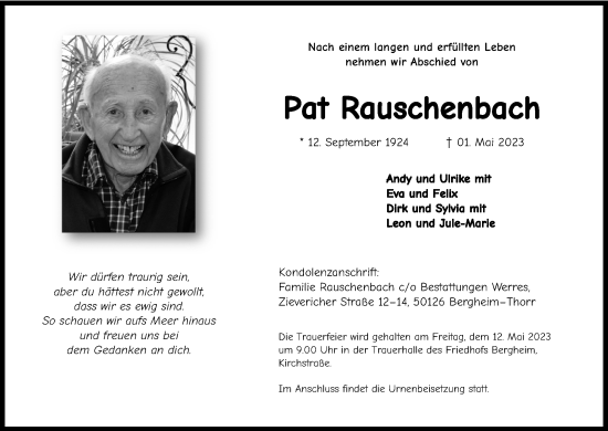 Anzeige von Pat Rauschenbach von Kölner Stadt-Anzeiger / Kölnische Rundschau / Express