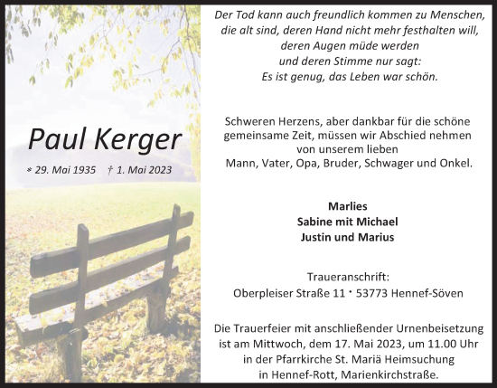 Anzeige von Paul Kerger von Kölner Stadt-Anzeiger / Kölnische Rundschau / Express