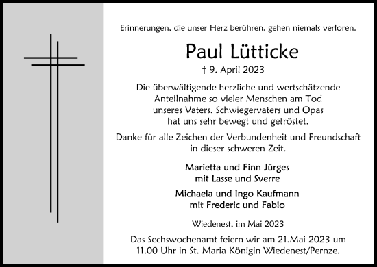 Anzeige von Paul Lütticke von Kölner Stadt-Anzeiger / Kölnische Rundschau / Express