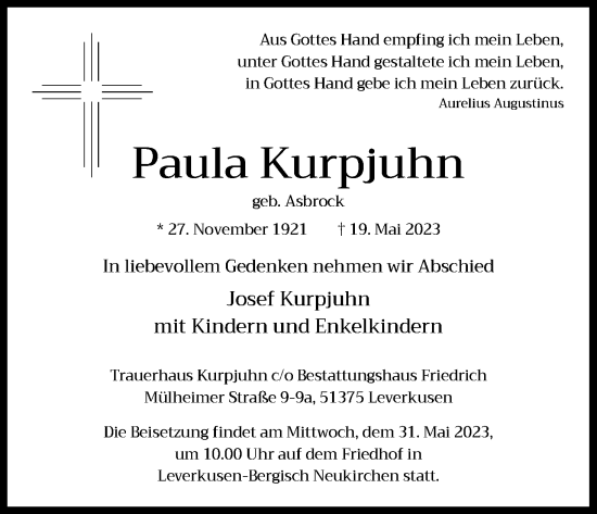 Anzeige von Paula Kurpjuhn von Kölner Stadt-Anzeiger / Kölnische Rundschau / Express