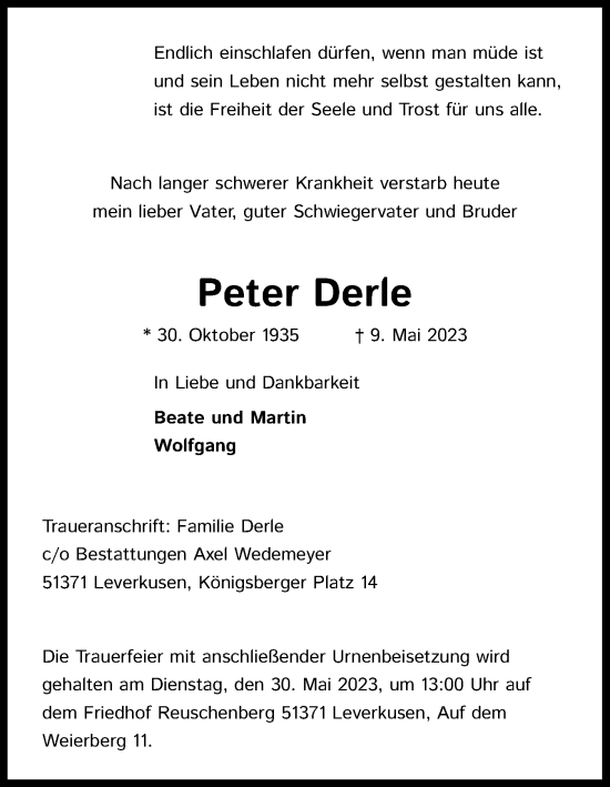 Anzeige von Peter Derle von Kölner Stadt-Anzeiger / Kölnische Rundschau / Express