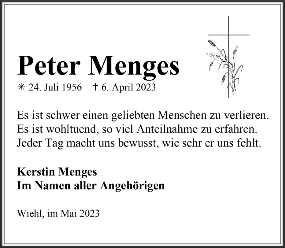  Traueranzeige für Peter Menges vom 26.05.2023 aus  Anzeigen Echo 