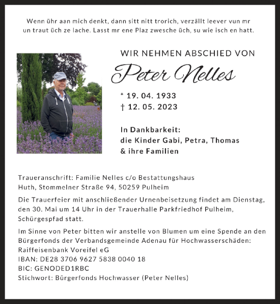 Anzeige von Peter Nelles von  Wochenende 