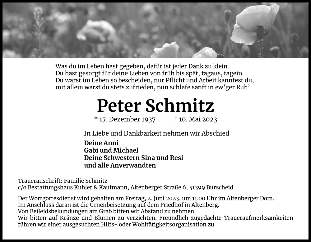  Traueranzeige für Peter Schmitz vom 27.05.2023 aus Kölner Stadt-Anzeiger / Kölnische Rundschau / Express