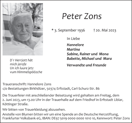Anzeige von Peter Zons von  Werbepost 