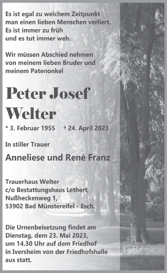 Anzeige von Peter Josef Welter von  Blickpunkt Euskirchen 