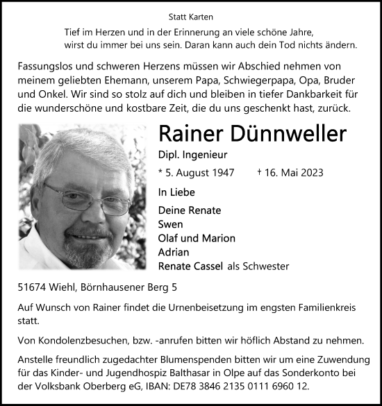 Anzeige von Rainer Dünnweller von Kölner Stadt-Anzeiger / Kölnische Rundschau / Express