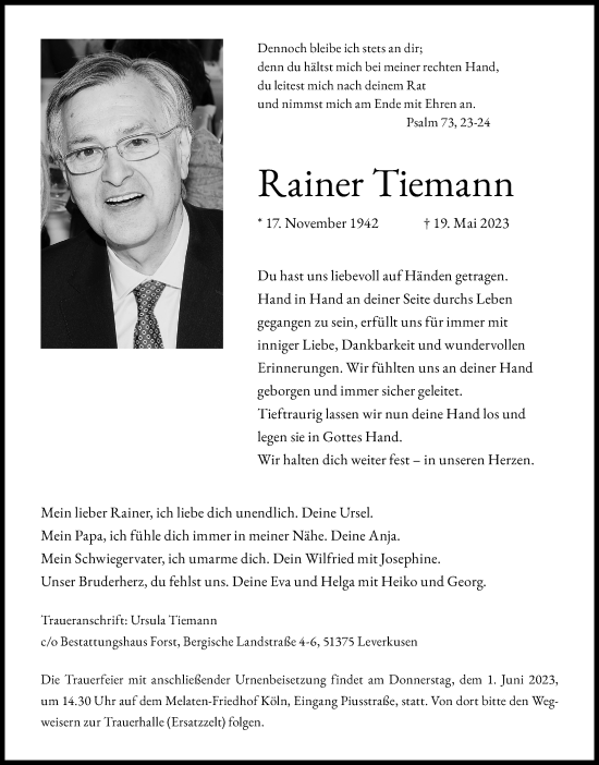 Anzeige von Rainer Tiemann von Kölner Stadt-Anzeiger / Kölnische Rundschau / Express