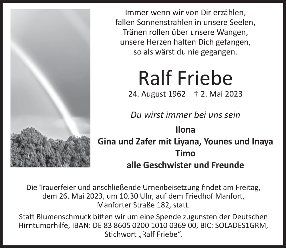  Traueranzeige für Ralf Friebe vom 19.05.2023 aus  Lokale Informationen 