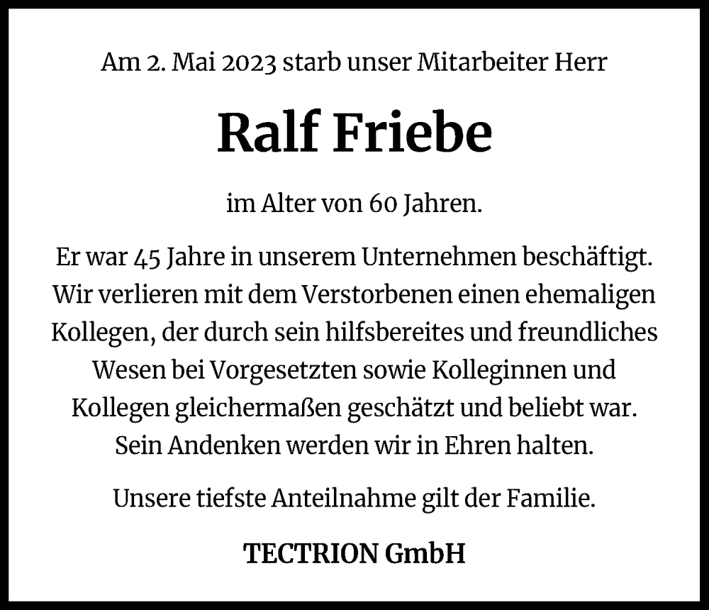 Traueranzeige für Ralf Friebe vom 23.05.2023 aus Kölner Stadt-Anzeiger / Kölnische Rundschau / Express