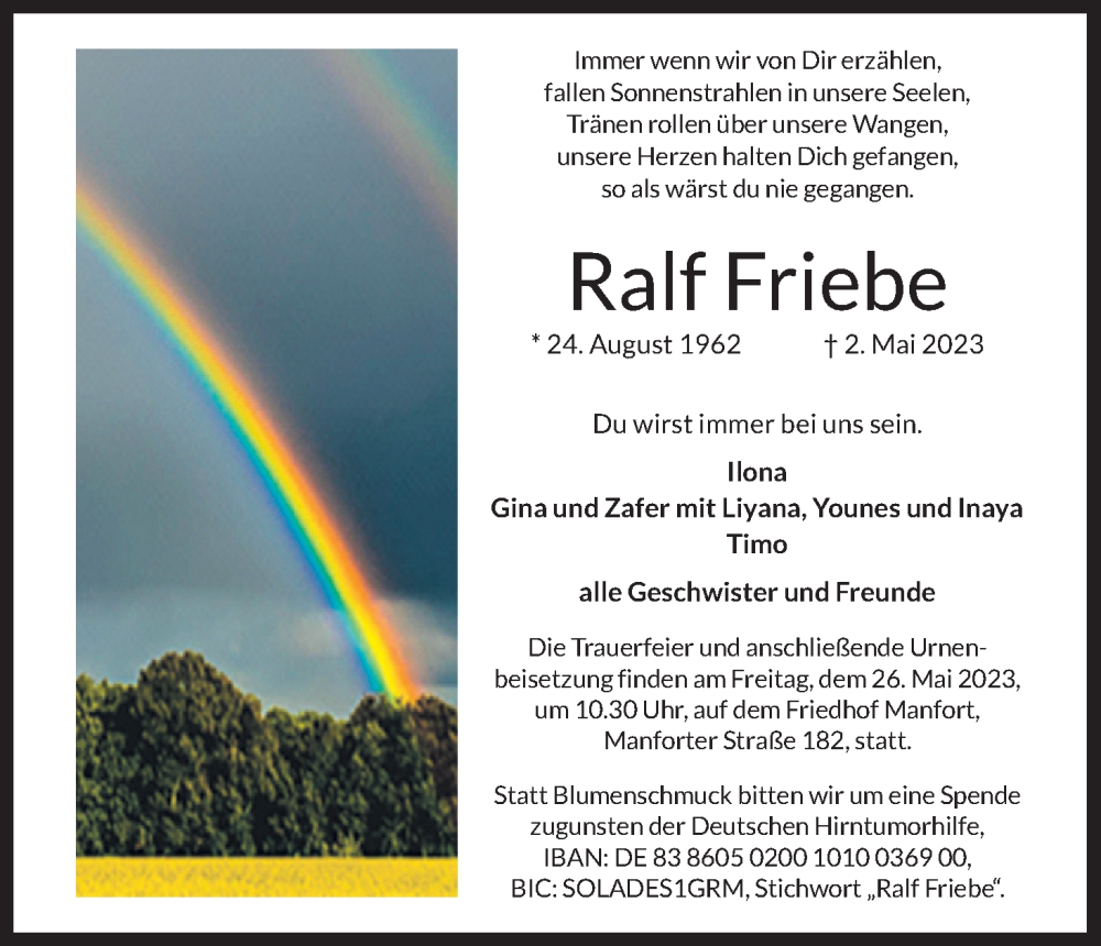  Traueranzeige für Ralf Friebe vom 20.05.2023 aus Kölner Stadt-Anzeiger / Kölnische Rundschau / Express