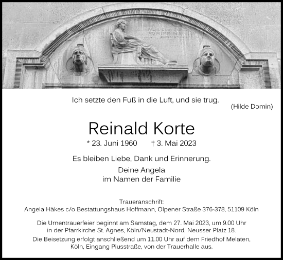 Anzeige von Reinald Korte von Kölner Stadt-Anzeiger / Kölnische Rundschau / Express