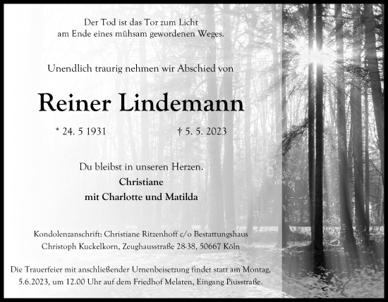 Anzeige von Reiner Lindemann von Kölner Stadt-Anzeiger / Kölnische Rundschau / Express
