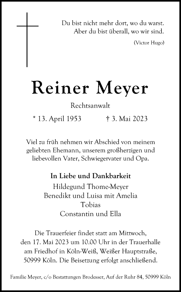  Traueranzeige für Reiner Meyer vom 13.05.2023 aus Kölner Stadt-Anzeiger / Kölnische Rundschau / Express