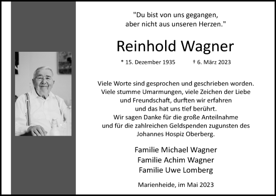 Anzeige von Reinhold Wagner von Kölner Stadt-Anzeiger / Kölnische Rundschau / Express